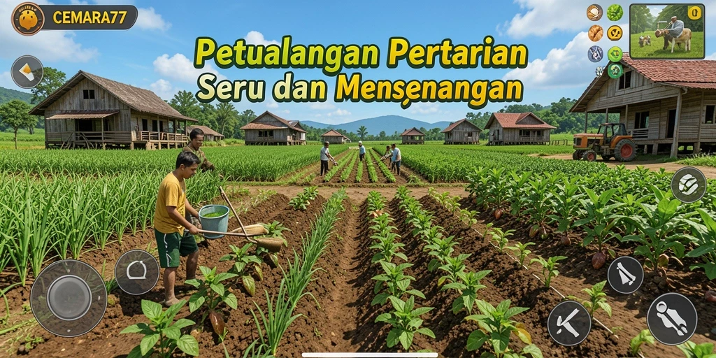 Screenshot utama CEMARA77 menampilkan aksi seru bertani dengan latar belakang kebun yang cantik.