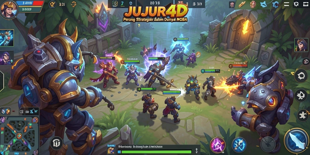 Screenshot utama JUJUR4D menunjukkan aksi seru di arena pertempuran MOBA.