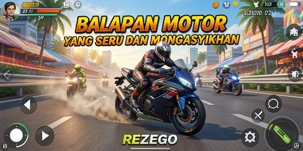 Tampilan gameplay mendebarkan dari balapan motor di REZEGO.